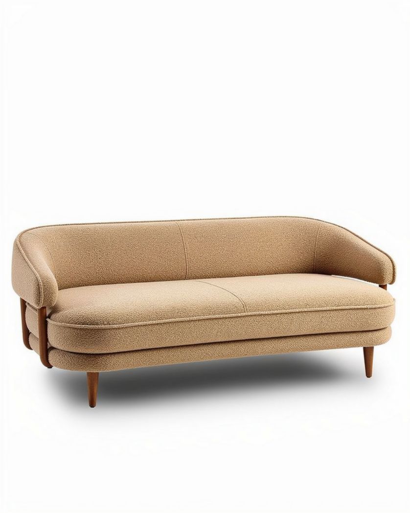Bank van stof in beige met houten poten 180 x 90 x 75cm