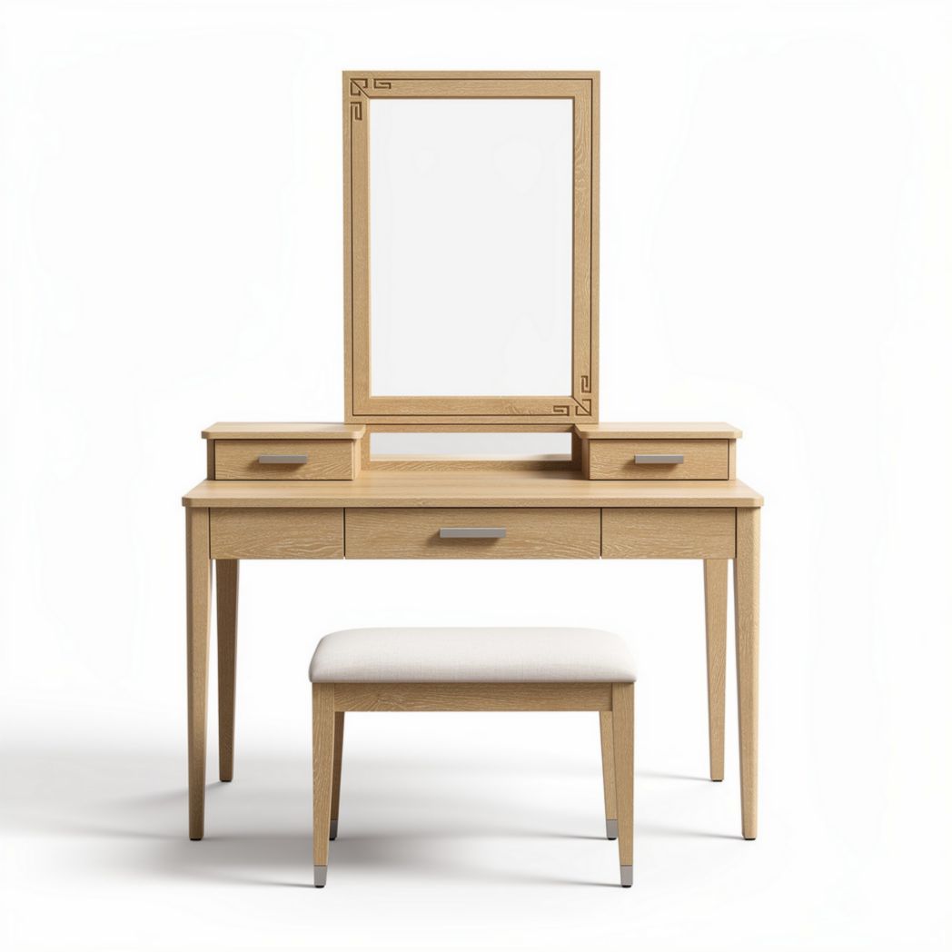 Kaptafel met spiegel eikenhout 120 x 45 x 75cm met opbergladen en bijpassende pouf