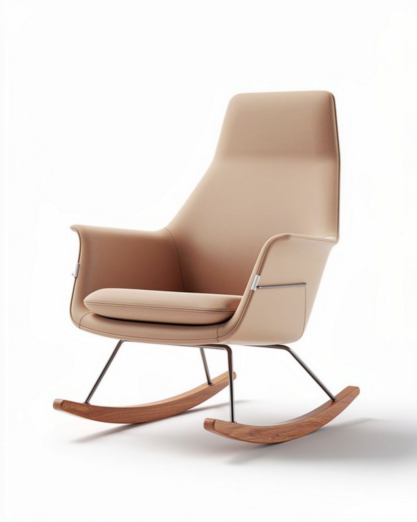 Schommelstoel van beige kunstleder met houten voeten en metalen frame