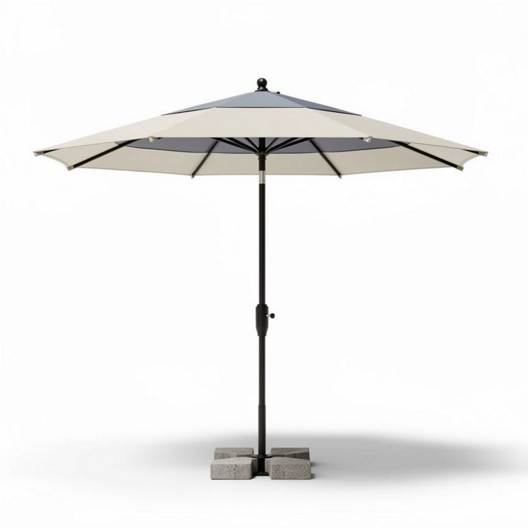 Parasol van 250 x 250 cm met zwarte structuur en grijze doek