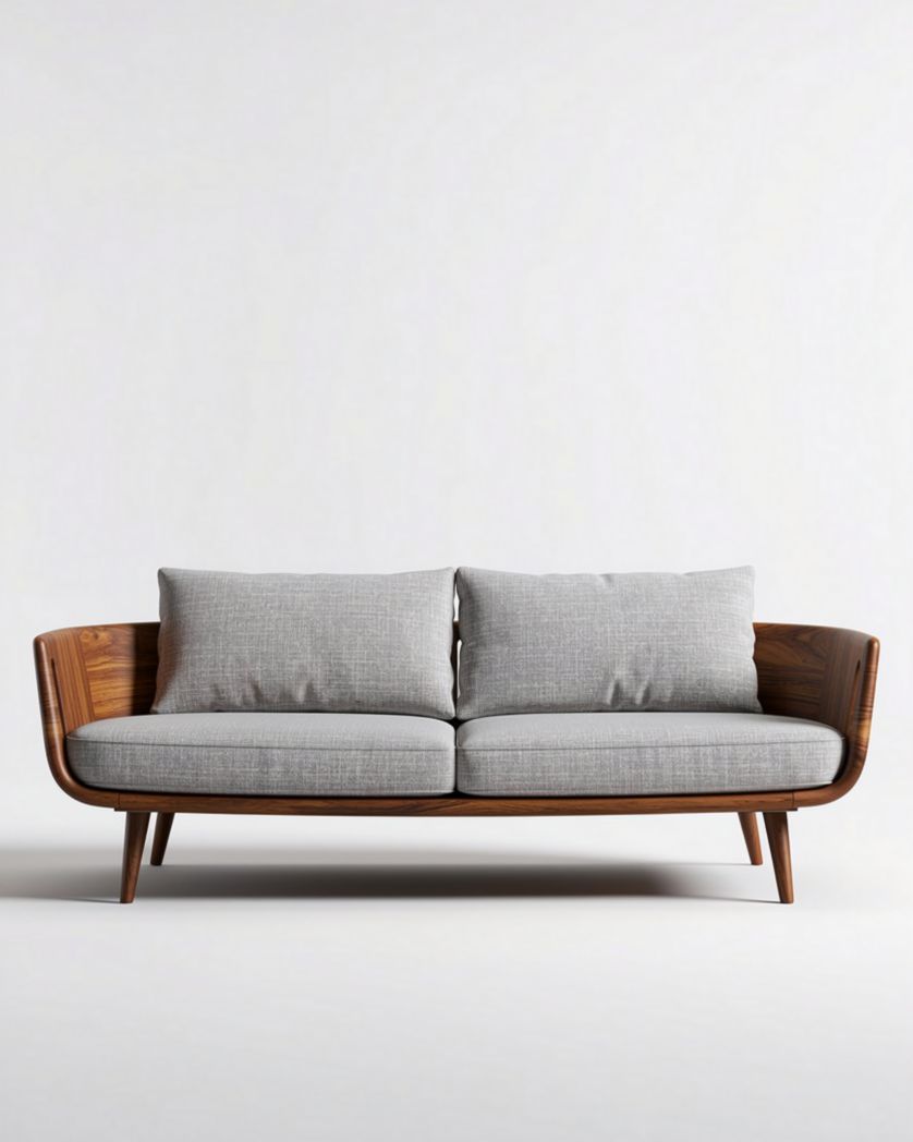 Tweed bank met houten frame en grijze kussens 200 x 90 x 85cm